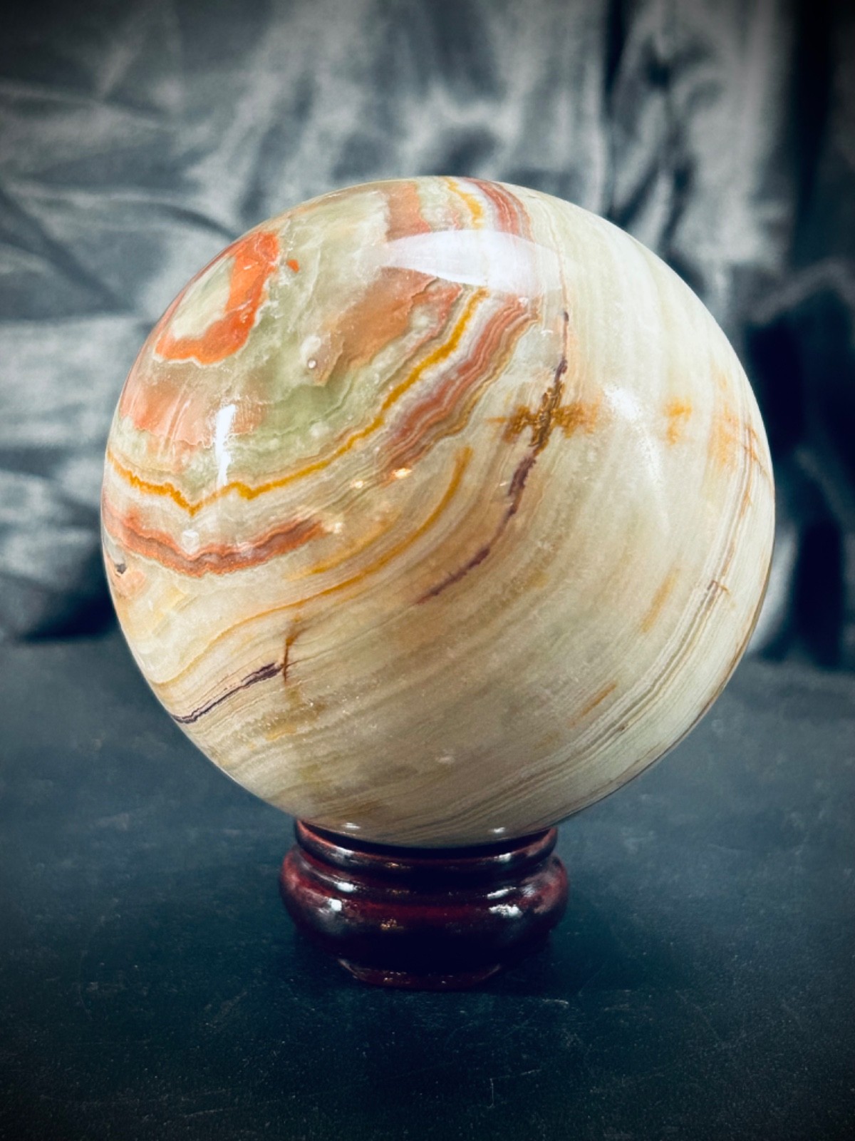 2.95″ Banded Calcite (Green Banded Onyx) Sphere with Wood Stand 1lb 5oz