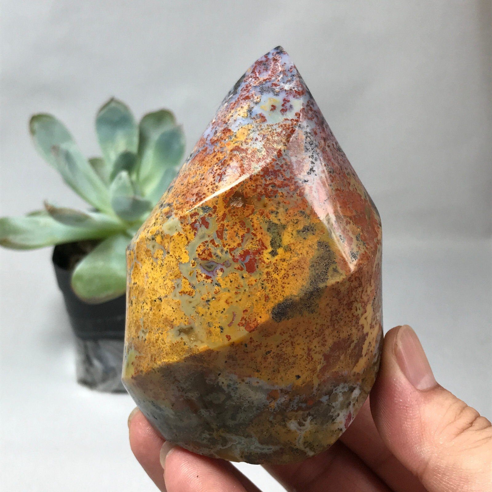Natural Ocean Jasper torch Hand carve polish Crystal free standing 386g g6622
