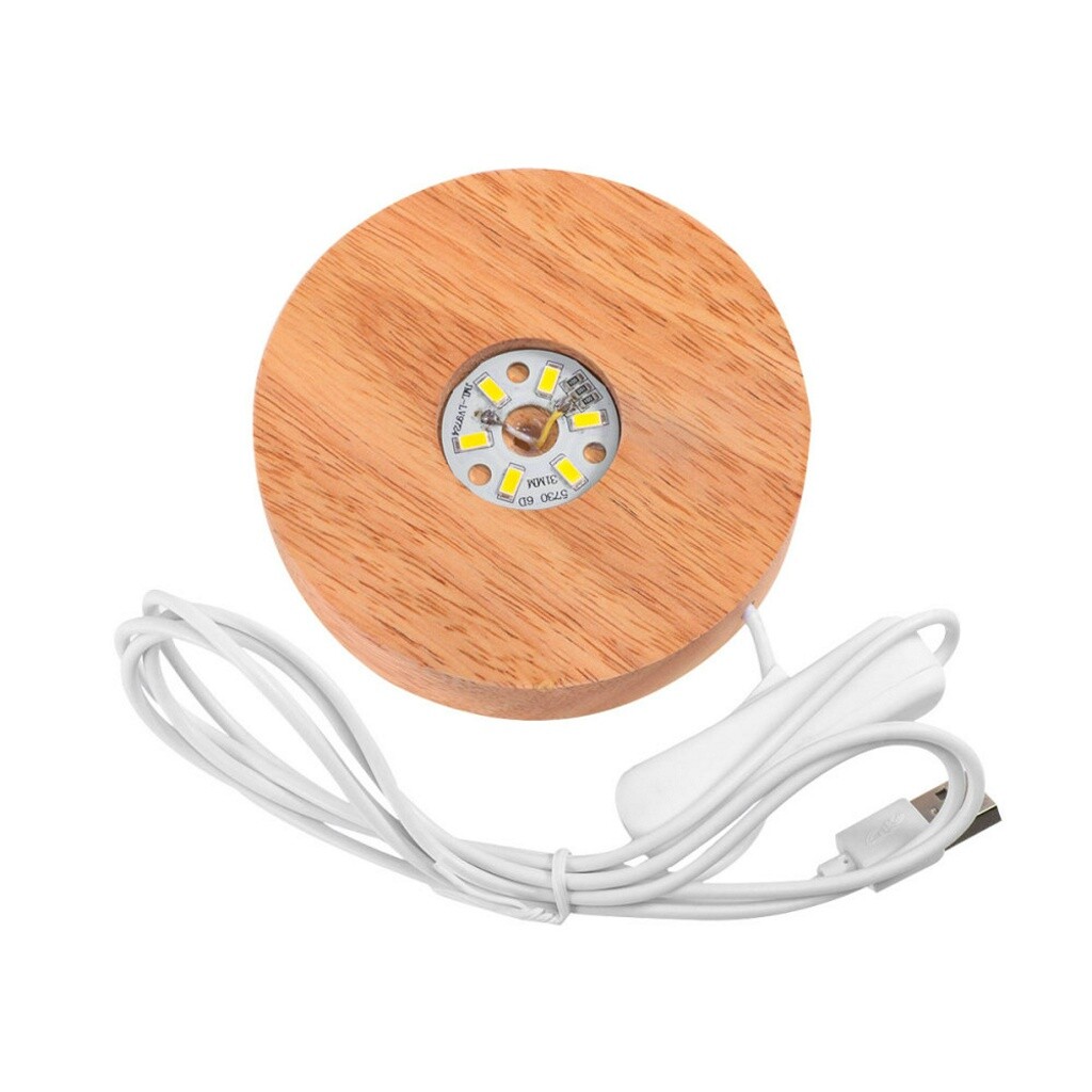 Wooden LED Display Stand 3D Nightlight Round 80mm Base Holder for Crystal Glass