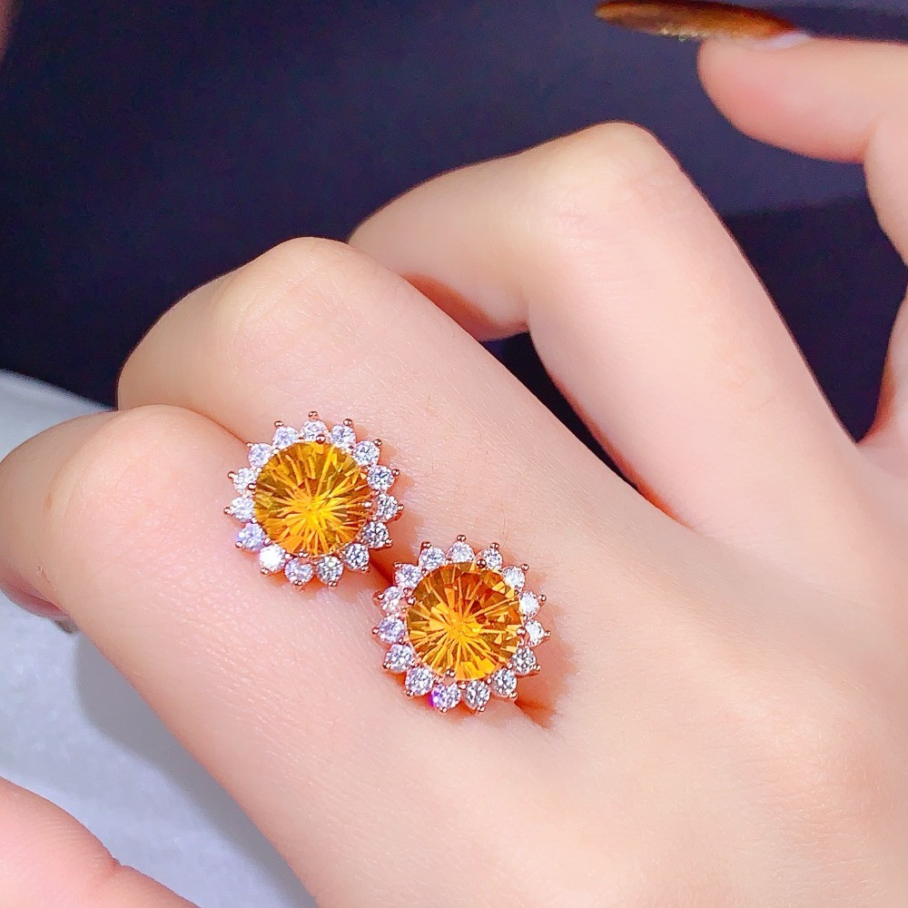Natural Citrine sunflower Stud Earrings Gemstone S925 Silver Plated18K Gold Gift