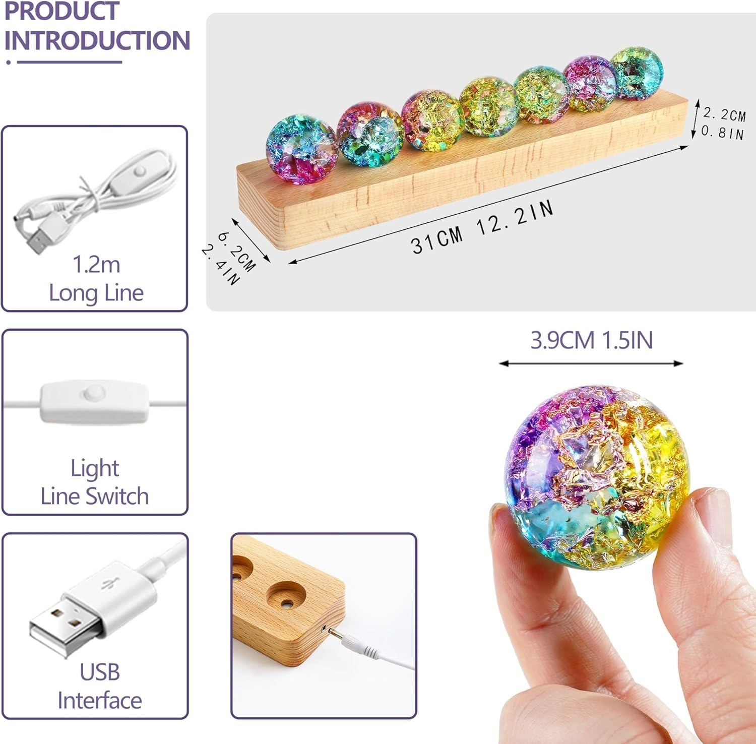 7pc Colorful Glass Healing Spheres with LED Wooden Stand Night Light