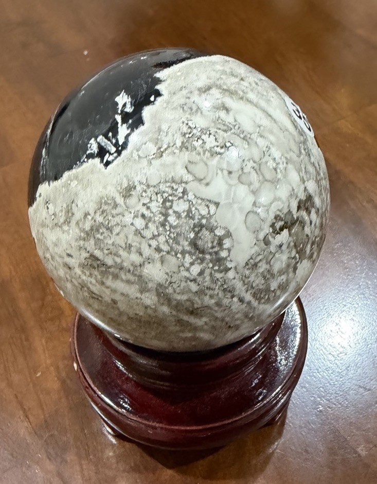 Black & White Polished Stone Sphere Mineral Display Specimen w/ Wooden Stand