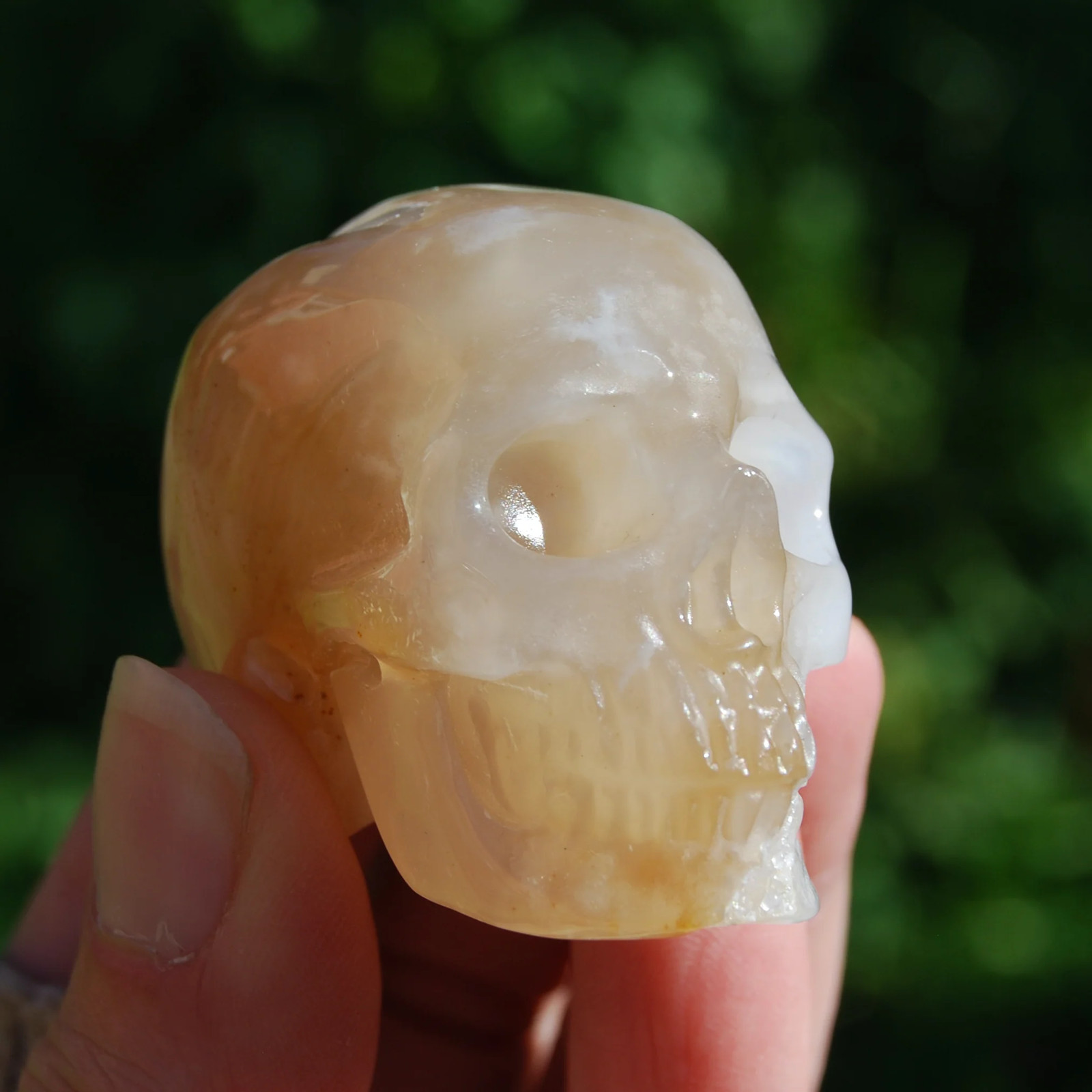 2in Sakura Flower Agate Carved Crystal Skull, Realistic Peach White Flower Agate