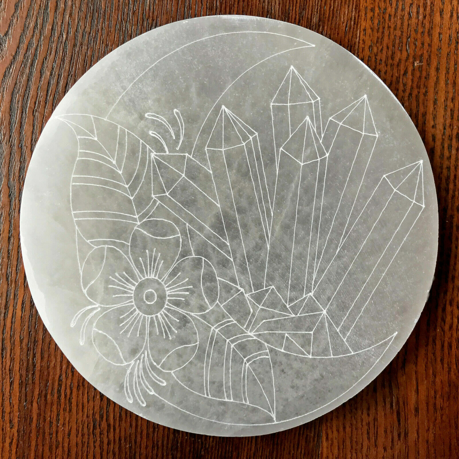 XL Selenite Charging Plate ” Moon Flower Engraved Crystal Round Disc Reiki Energ