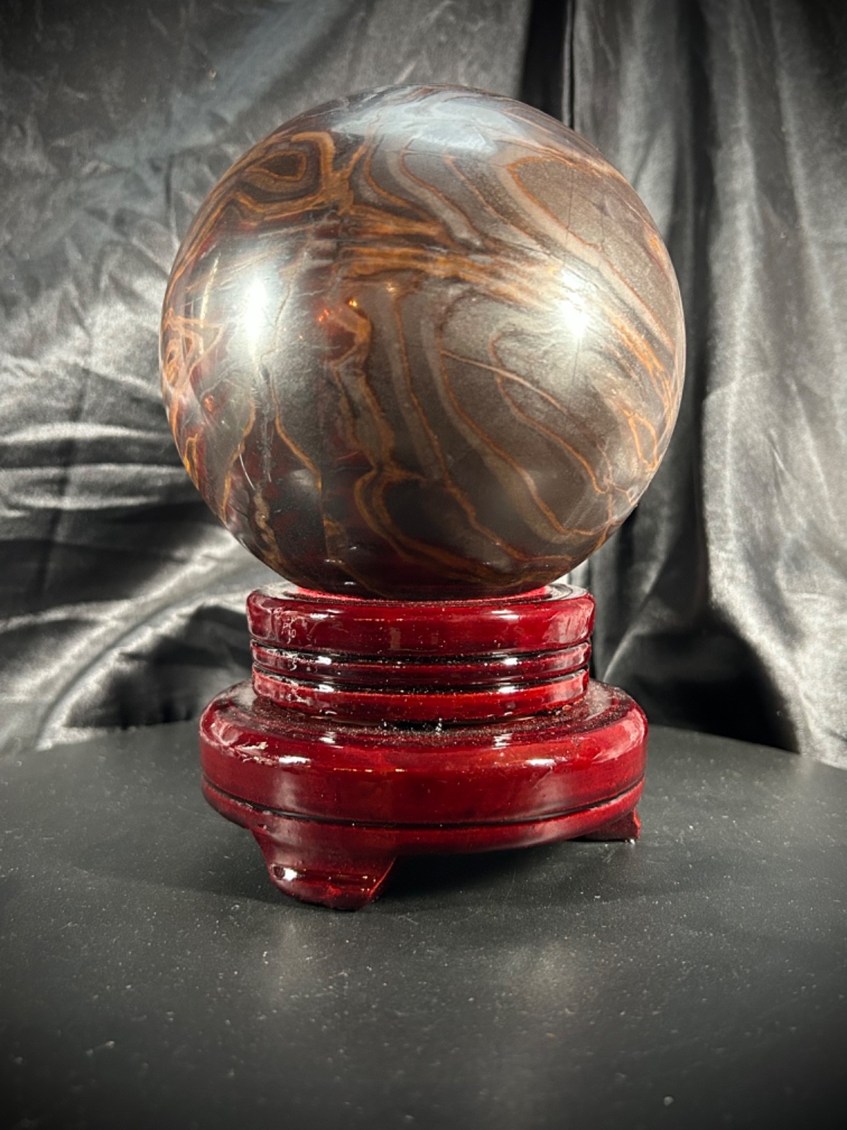 5″ Unique Tiger Iron (AKA Mugglestone) Sphere With Wood Swivel Stand 7lb 4.5oz