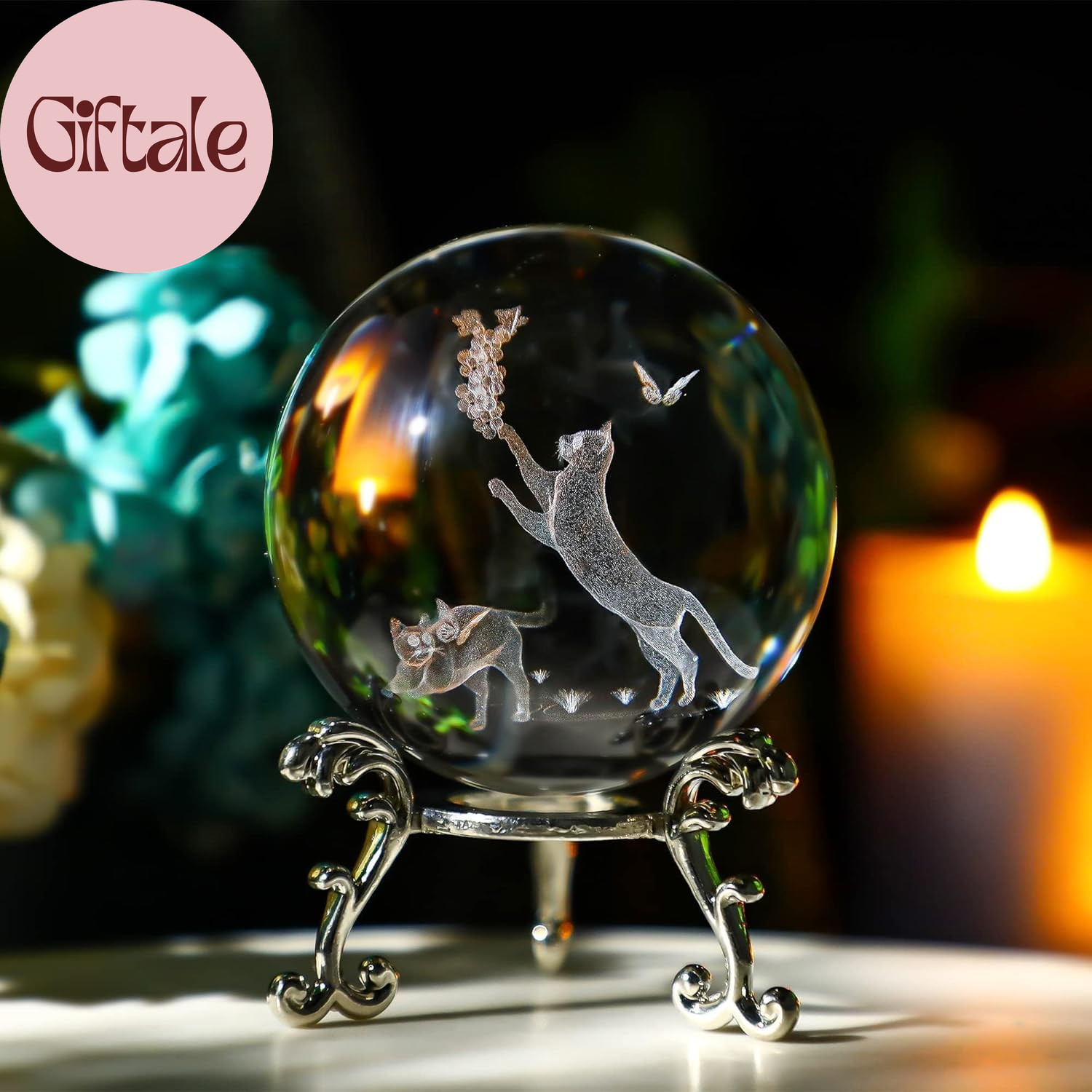60Mm Crystal Ball with Stand – Laser Engraved Cat Sphere 3D Glass Ornament & Pap