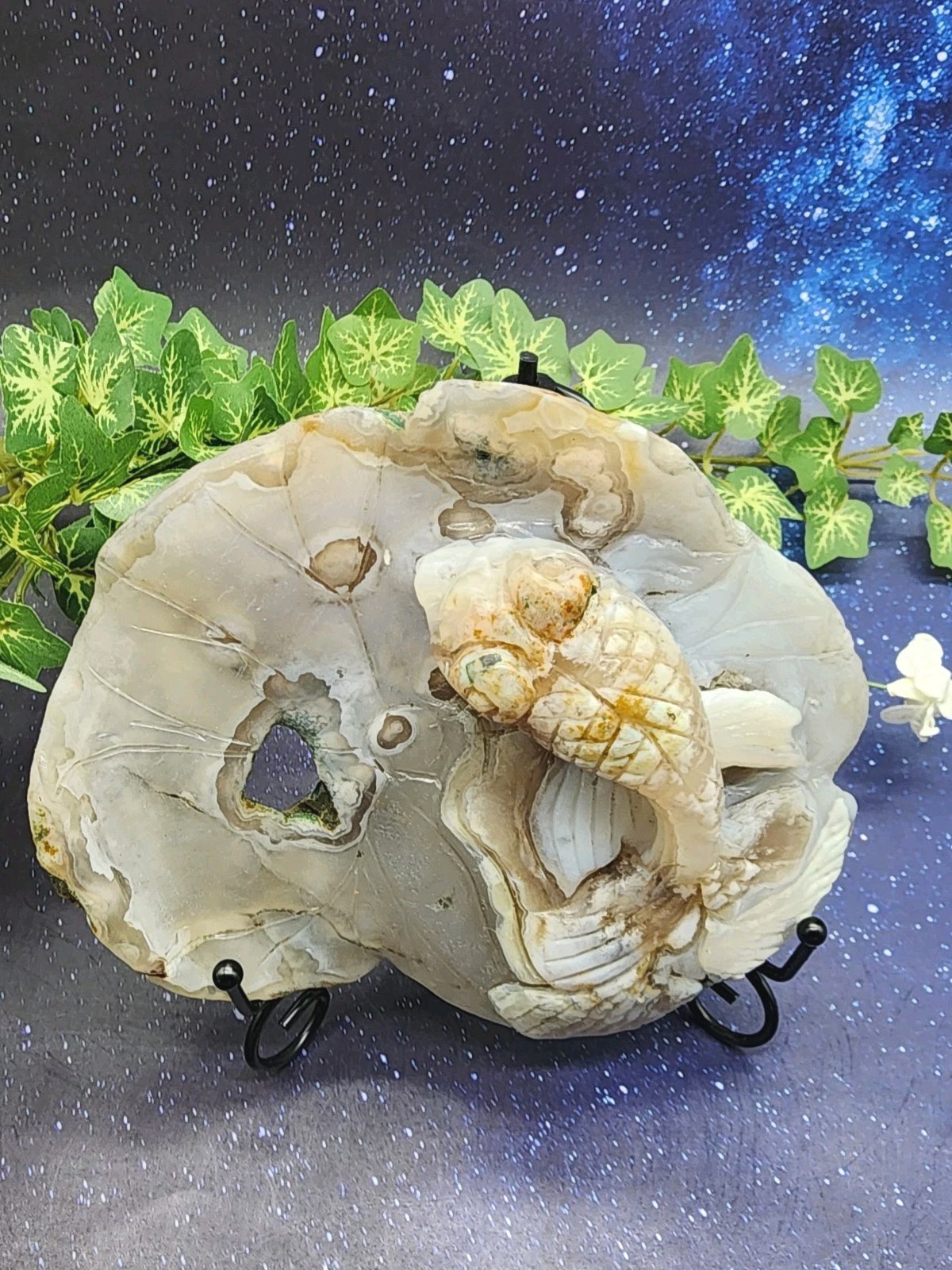 Flower Agate Koi Fish On Lily Pad Carving Unique Handcrafted Crystal Art /Stand