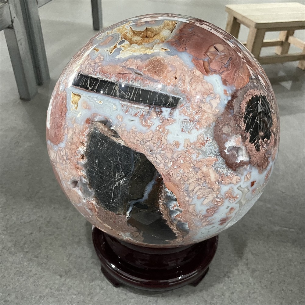 55.1LB 10.4″ Large Natural Flower Agate Geode Sphere Magic Crystal Reiki Ball