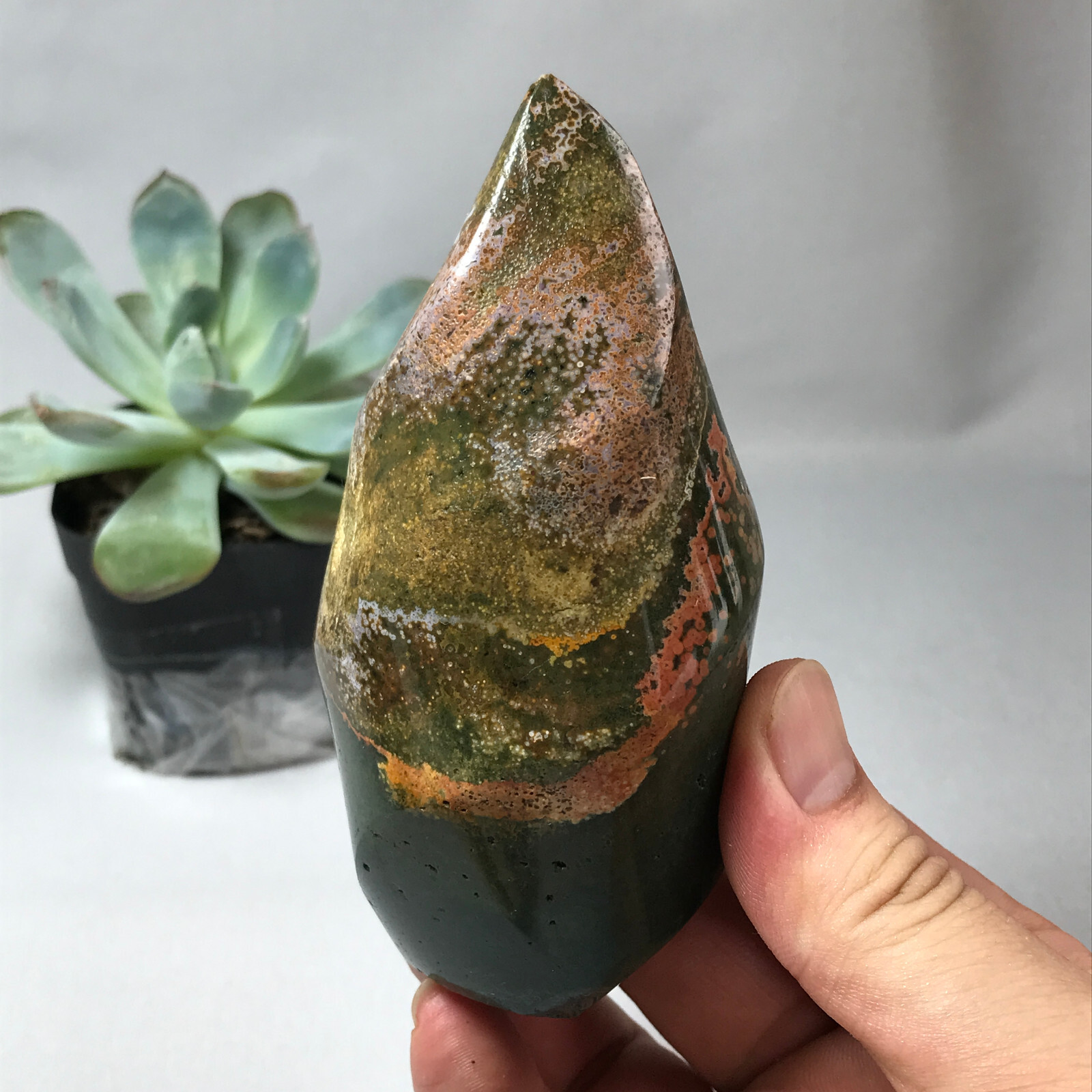 Natural Ocean Jasper torch Hand carve polish Crystal free standing 362g g6632