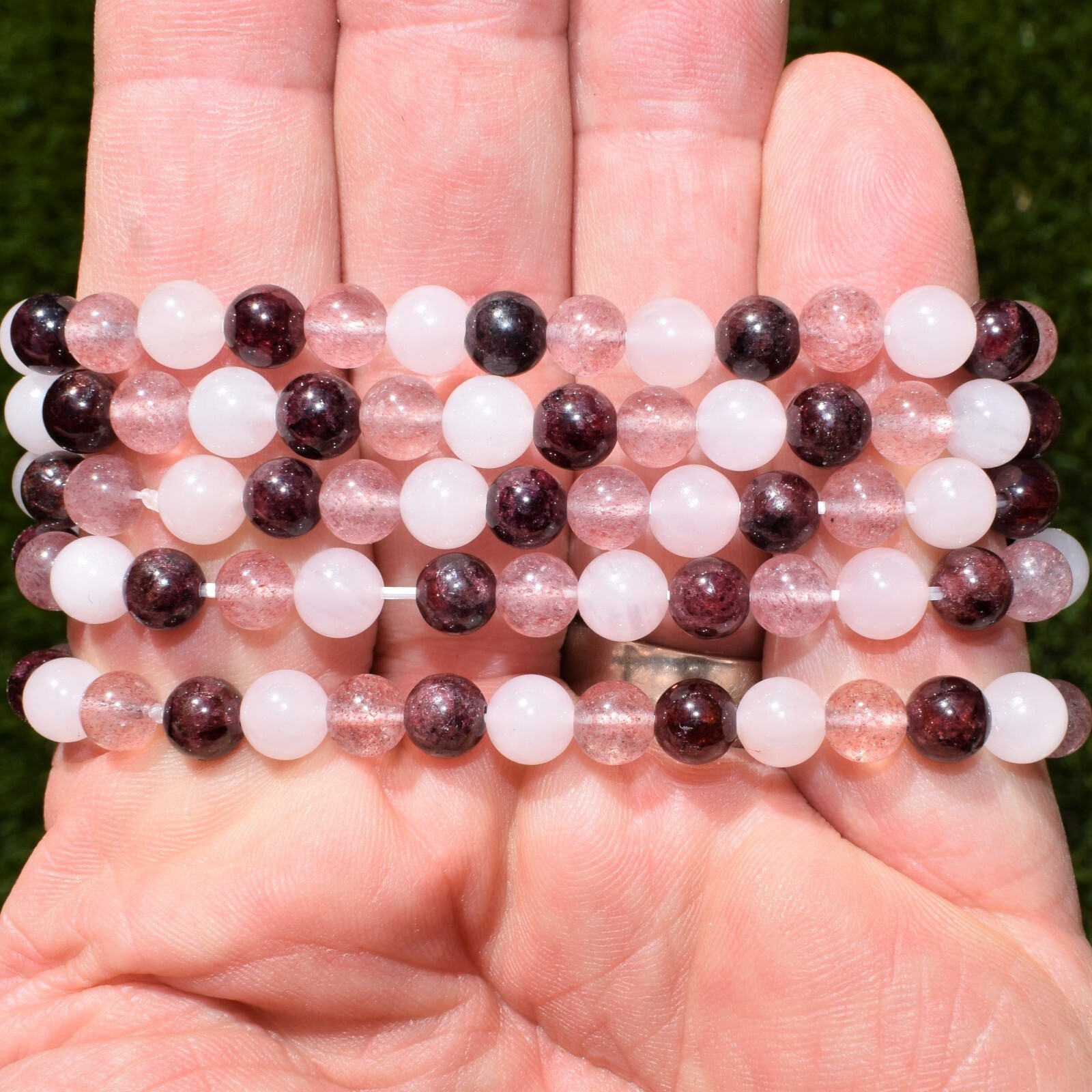 Rhodolite Garnet Rose Quartz Strawberry Quartz 6mm Bracelet + Selenite Charger