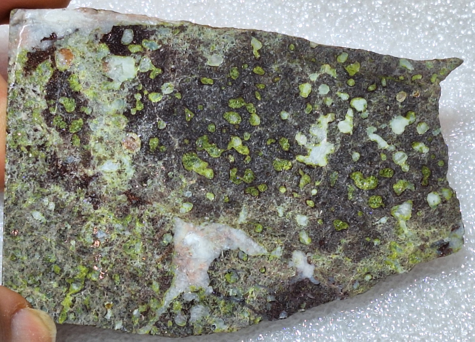 Pretty Epidote Calcite Copper and Quartz Pockets In Basalt -Polished Stone Slab