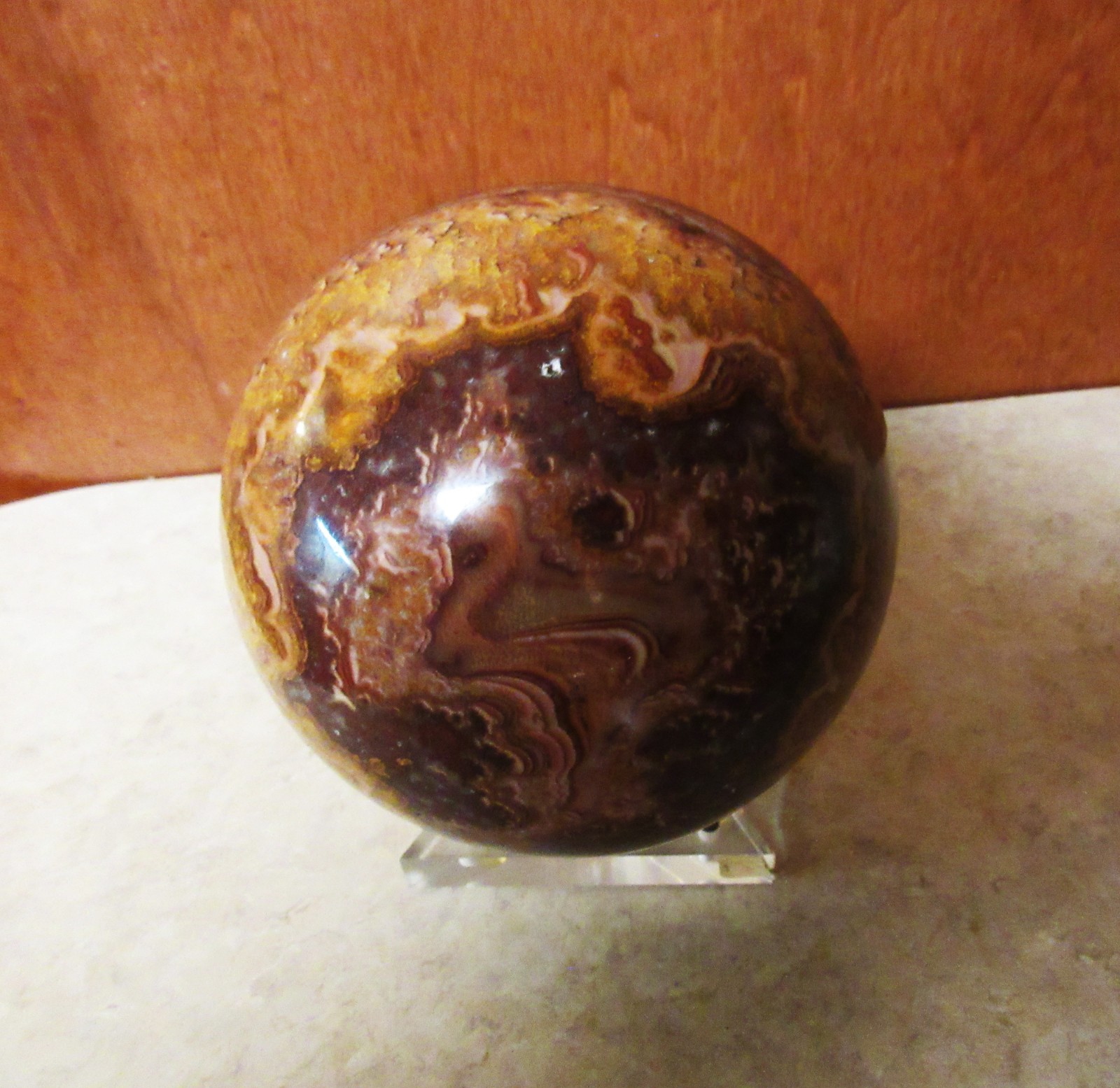 Large Banded Marble Polished Stone Sphere Browns and Whites 5” Diameter + Stand