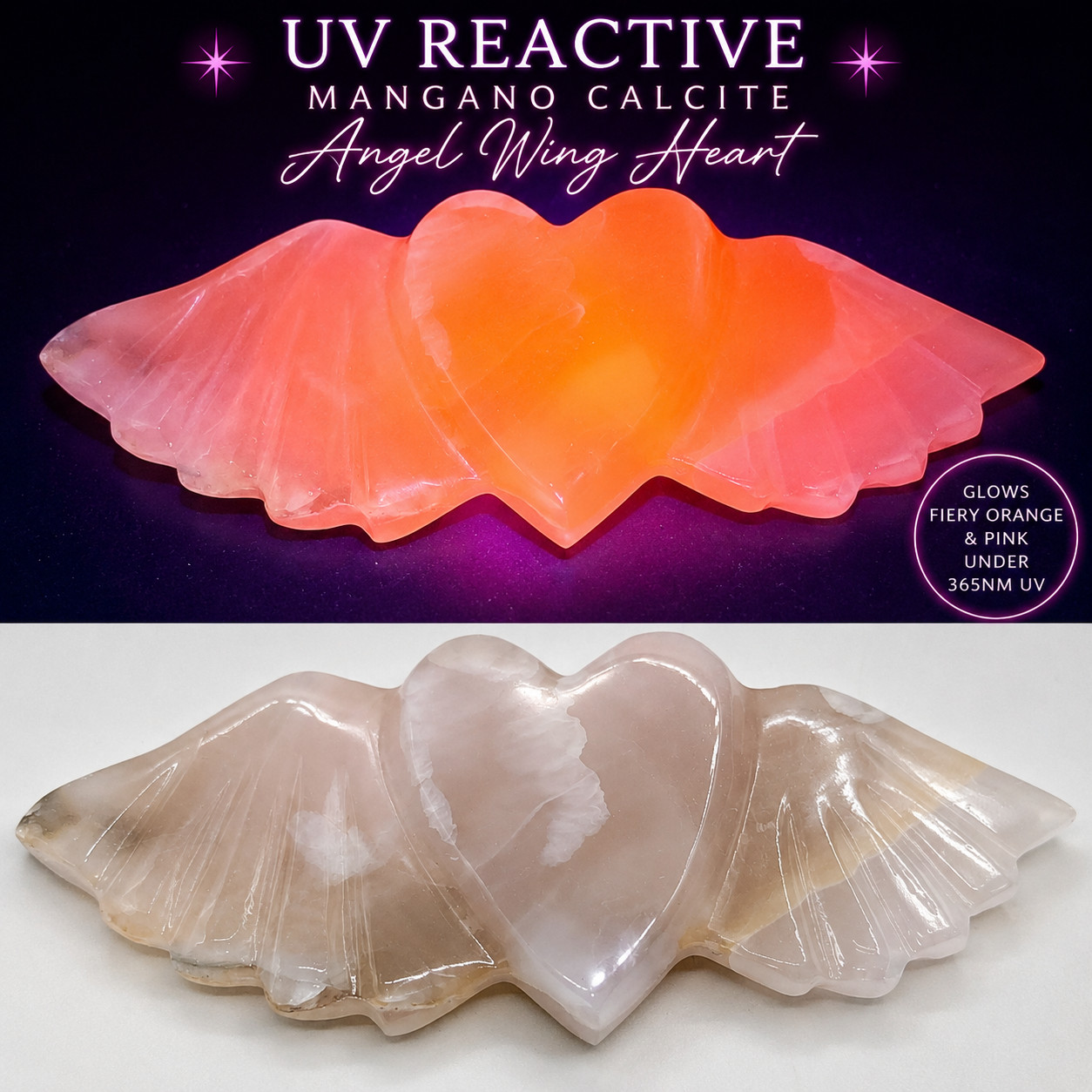 UV Reactive Mangano Calcite Angel Wing Heart Fluorescent 365nm Glow Crystal