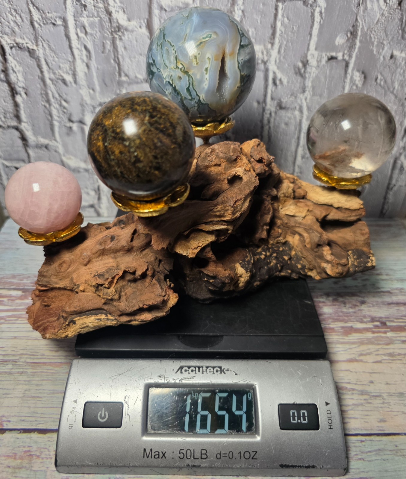 4 Crystal Sphere Display Set Moss Agate Bronzite Rose Quartz Quartz Wood Stand