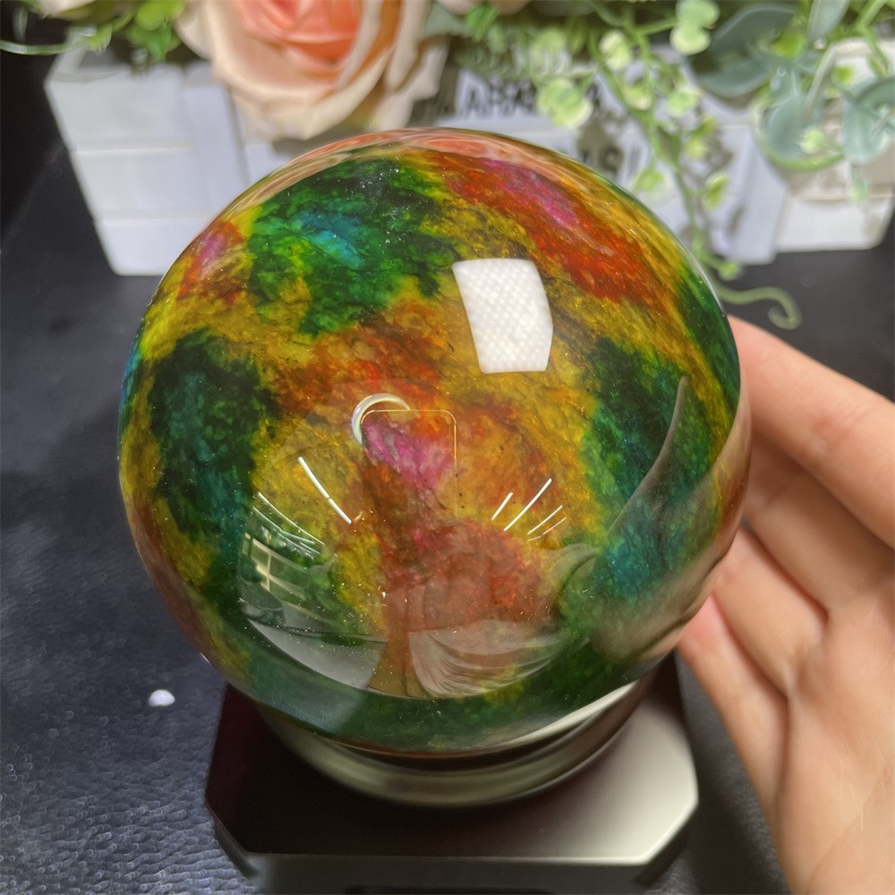 Random 1pc 3.8LB 3.8″Seven Color Stone Sphere Crystal Reiki Quartz Ball+Stand