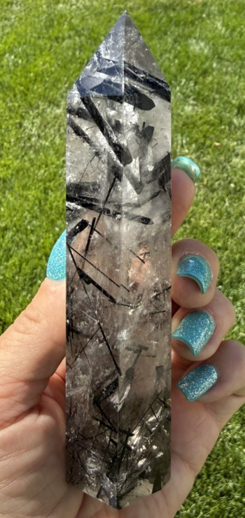 Natural Black Tourmaline in Quartz Tower Polished Crystal Point Collector, 6 “