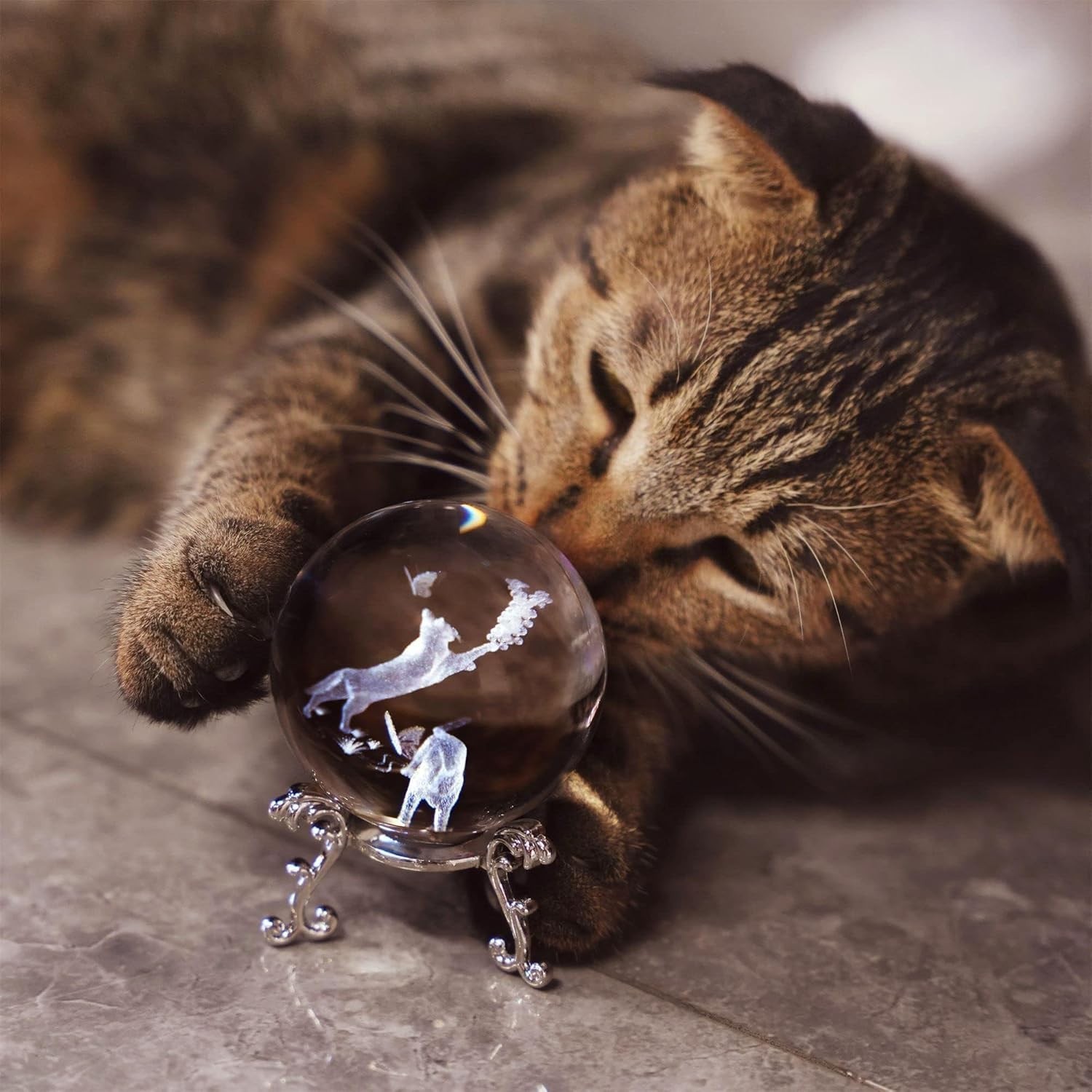 Cat Crystal Ball with Stand 60mm 3D Laser Engraved Decorative Ball Glass Sphe…