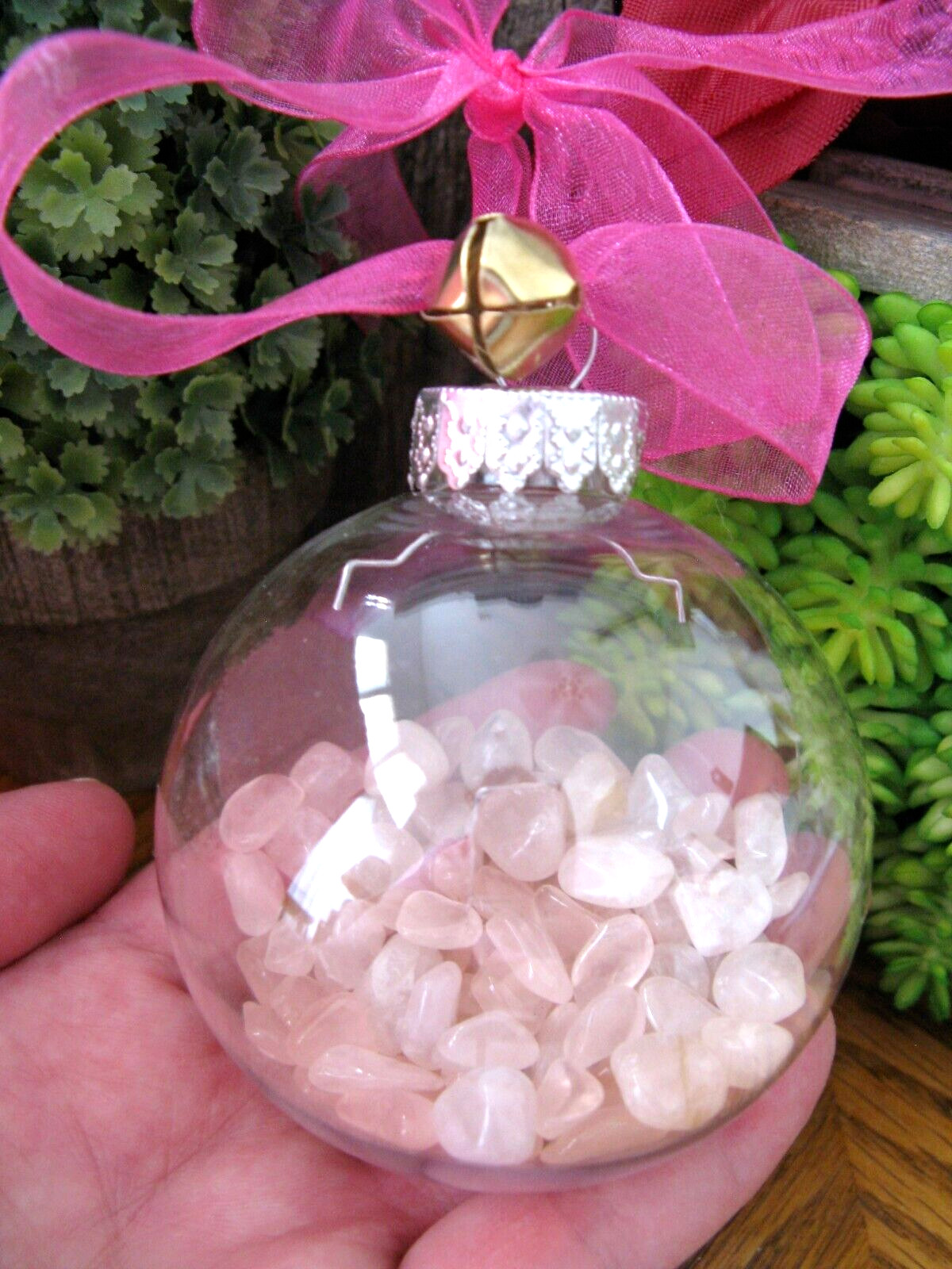 New Pink Christmas Ornament w/ Mini Natural Rose Quartz Crystal Gemstones 1/8 lb