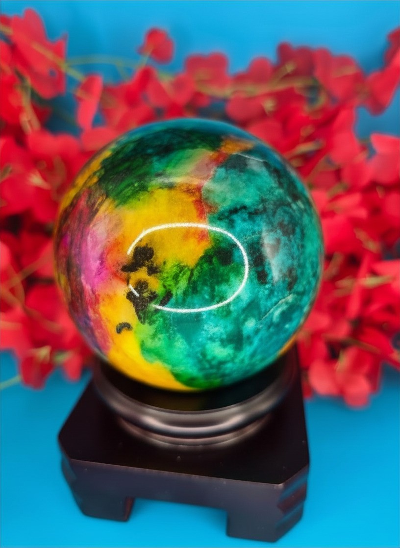 RARE Seven Color Jade / 7 Colors Rainbow Jade/Mineral Sphere Ball w/Stand