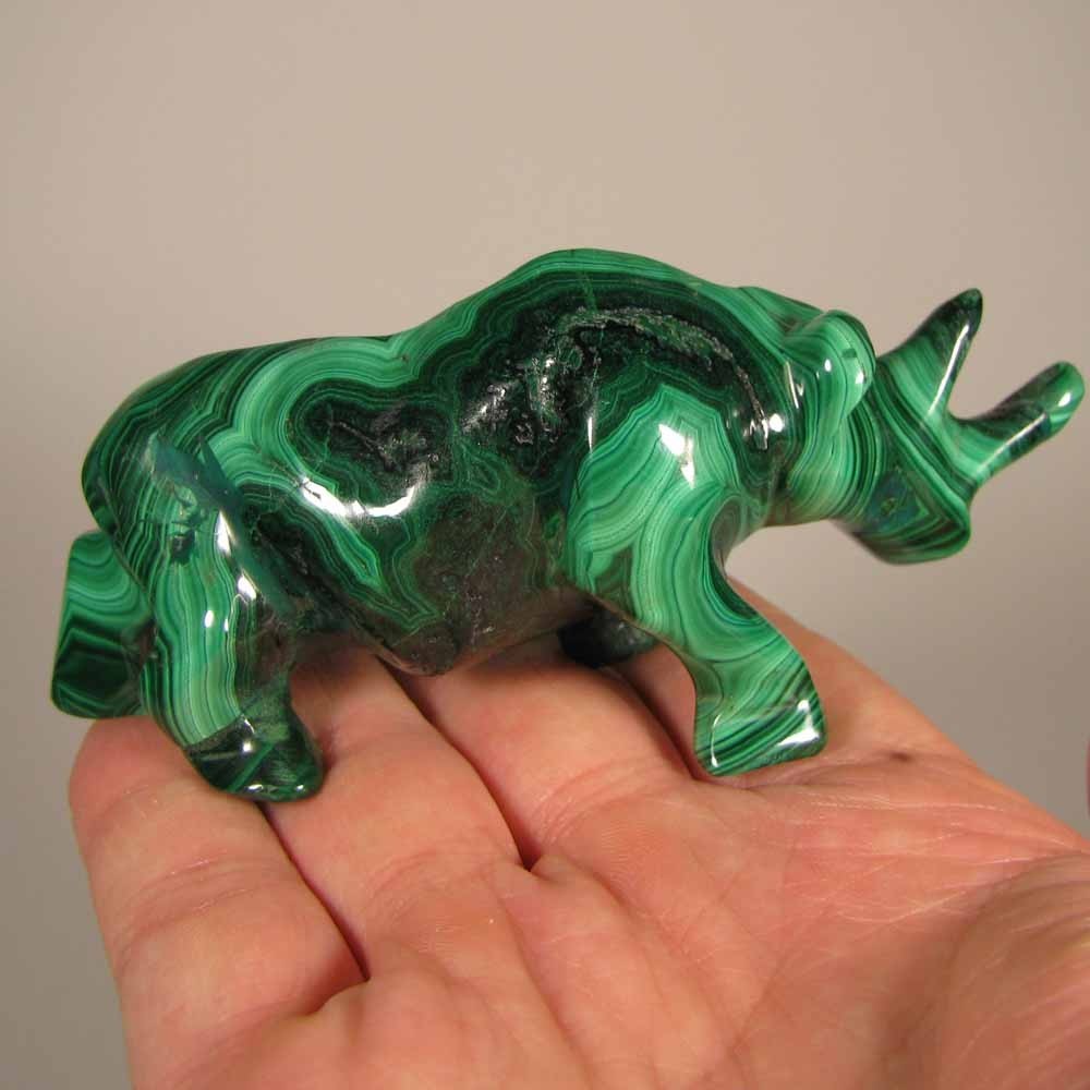 4.3″ Handcarved MALACHITE RHINOCEROS Gemstone Animal Carving – Congo, Africa