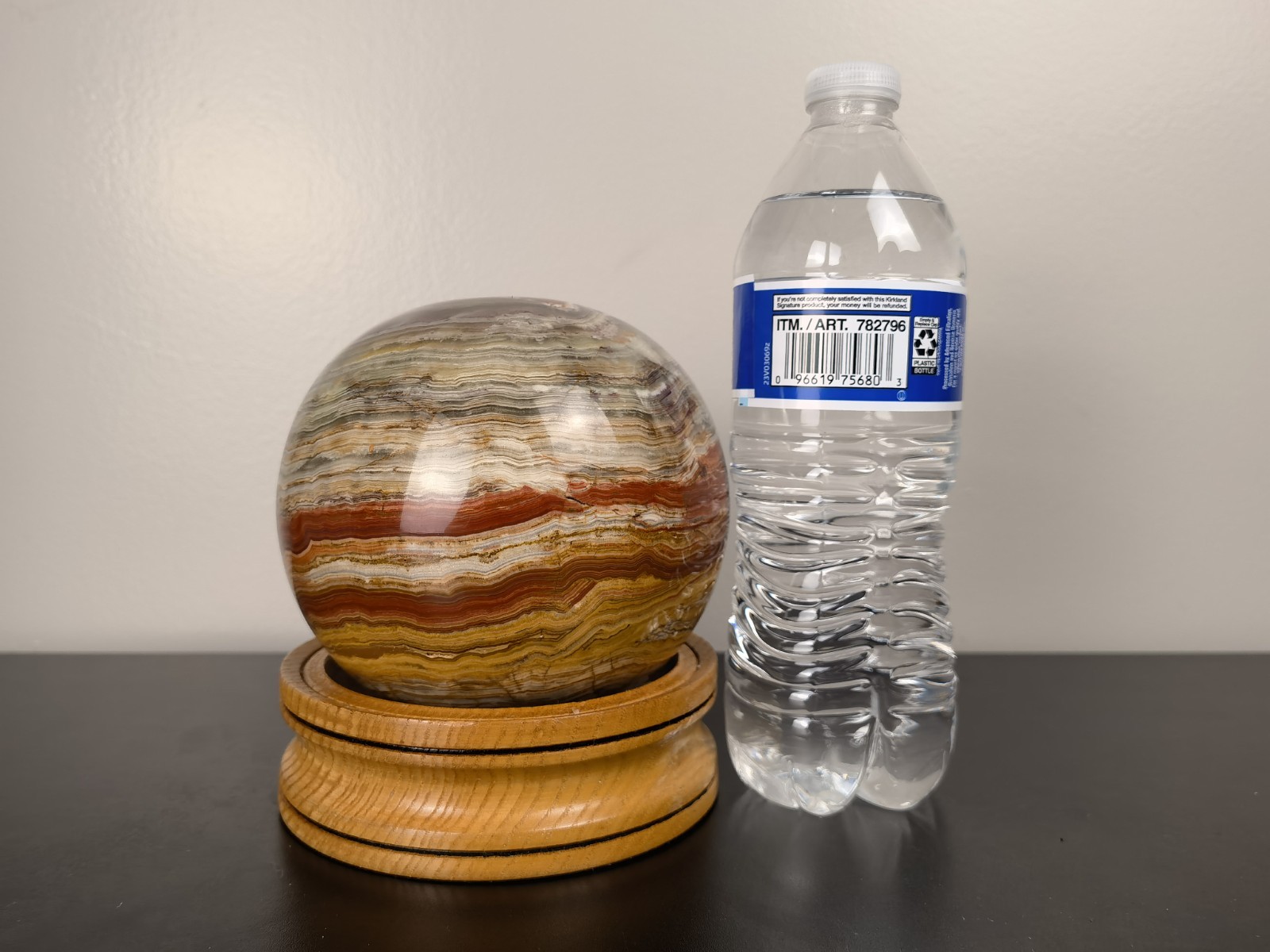 Natural Banded Onyx Stone Sphere Ball w/ Wooden Stand Decorative Mineral，6.7lb