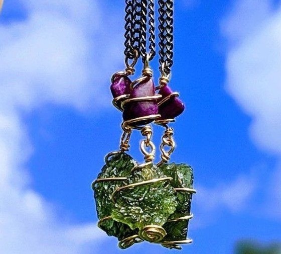 MOLDAVITE & SUGILITE Pendant In GOLD. Amulet Tektite Crystal Necklace Synergy 12