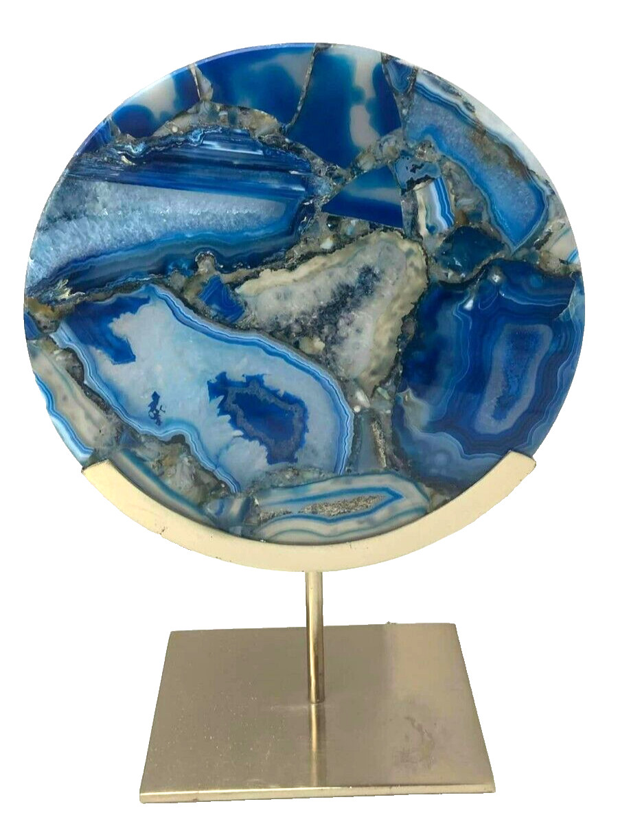 Blue Dyed Agate Slice on Steel Stand 9 Inch Modern Decorative Stone Zodax Style