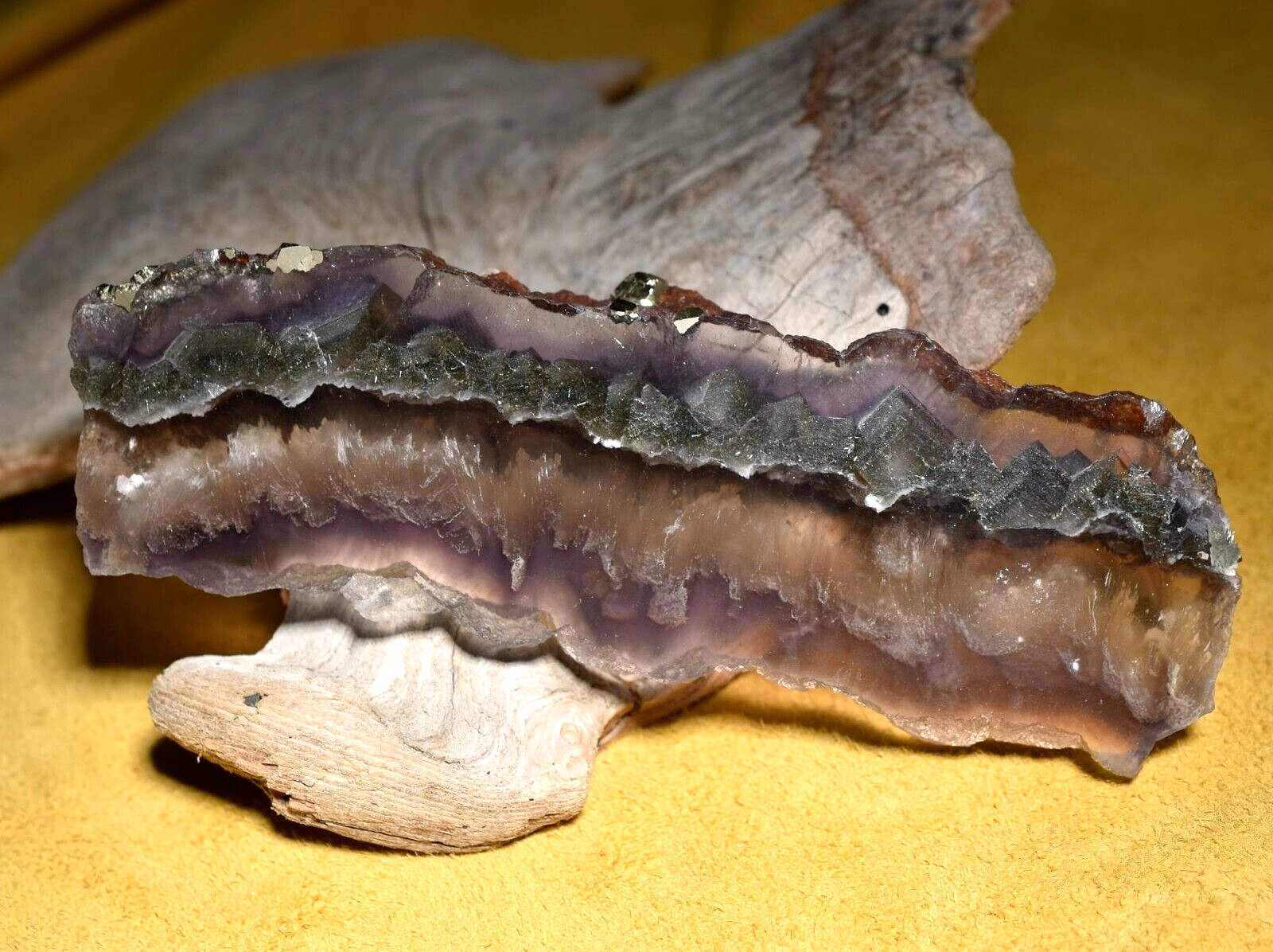 Fluorite With Pyrite & Barite Inclusions Polished Slab From Inner Mongolia China
