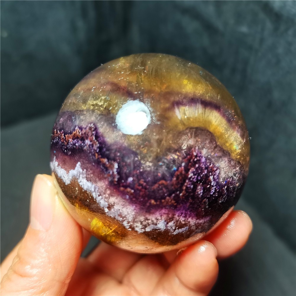 TOP 368g 60mm Natural Colorful Super Seven Fluorite Sphere Ball Healing WD2119