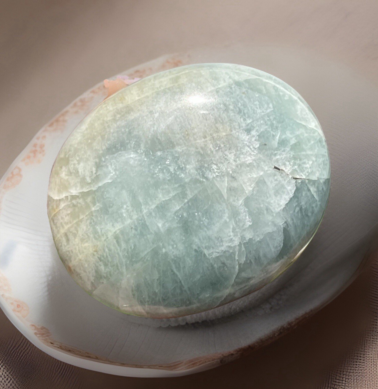 Aquamarine Palmstone – Opaque Blue Green Color With Peach Morganite Inclusion
