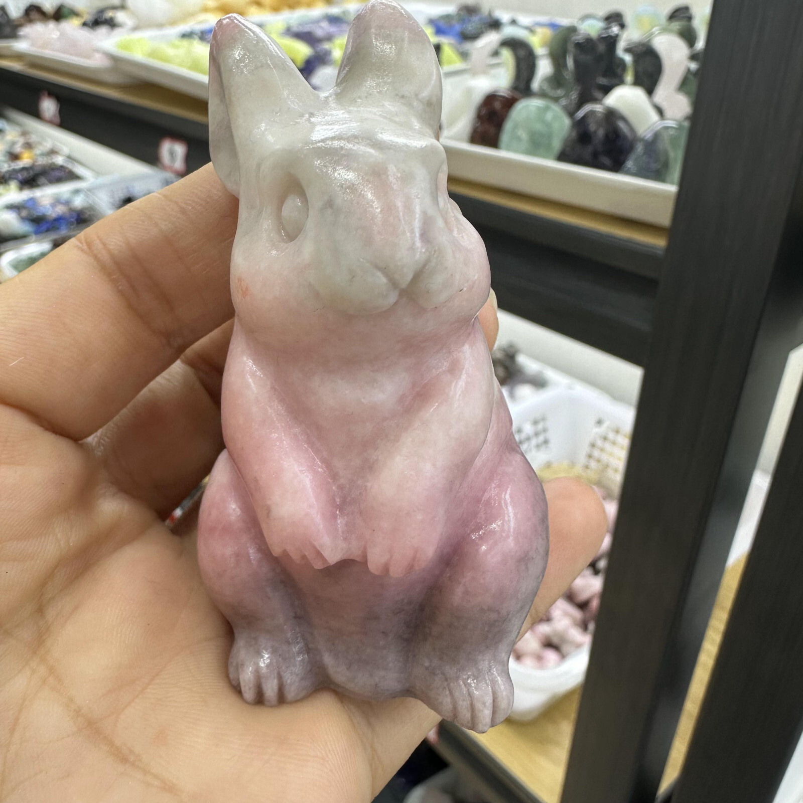 1pc natural Pink opal quartz crystal handmade rabbit skull healing gift decor