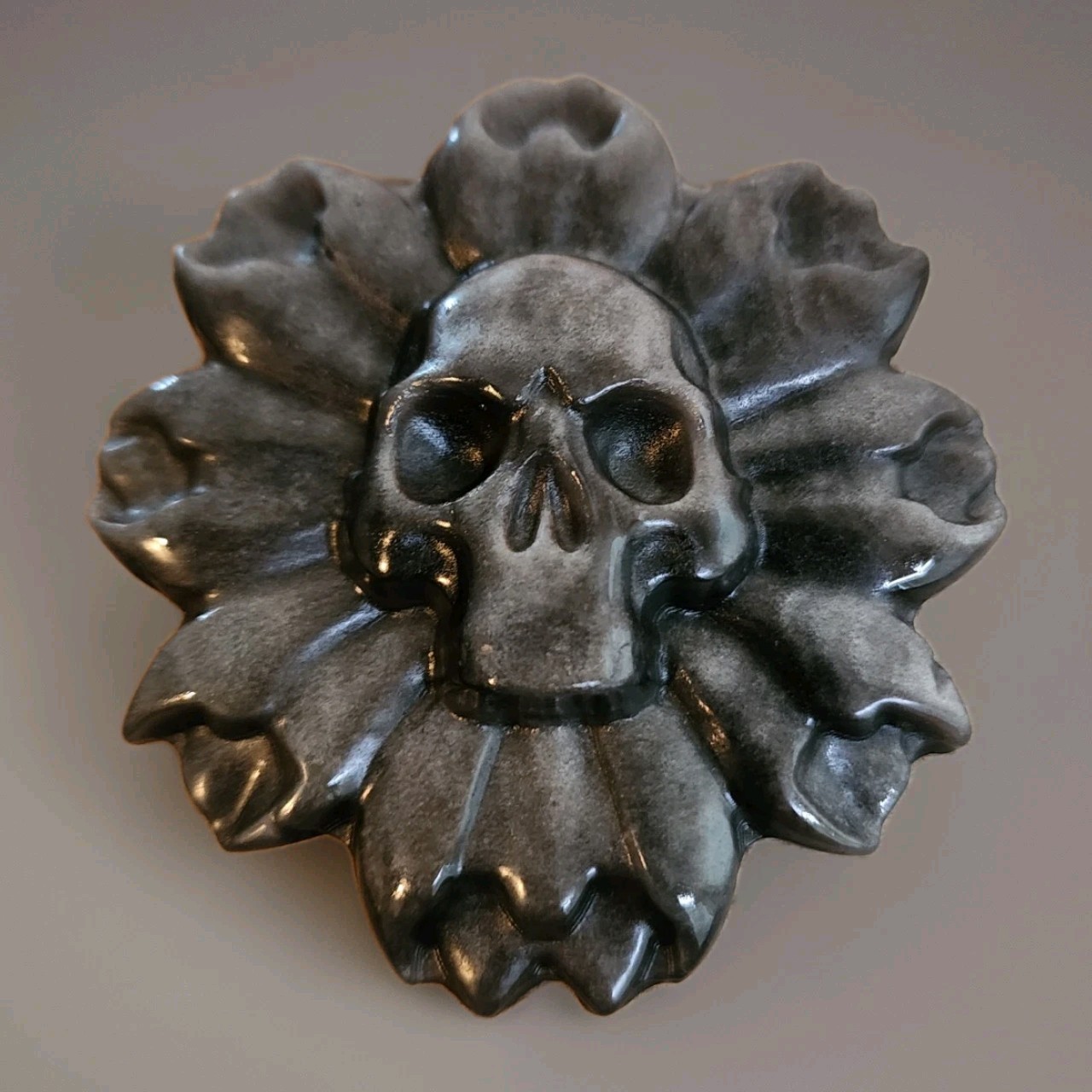 Polished Silver Obsidian Skull In Flower Carving – USA