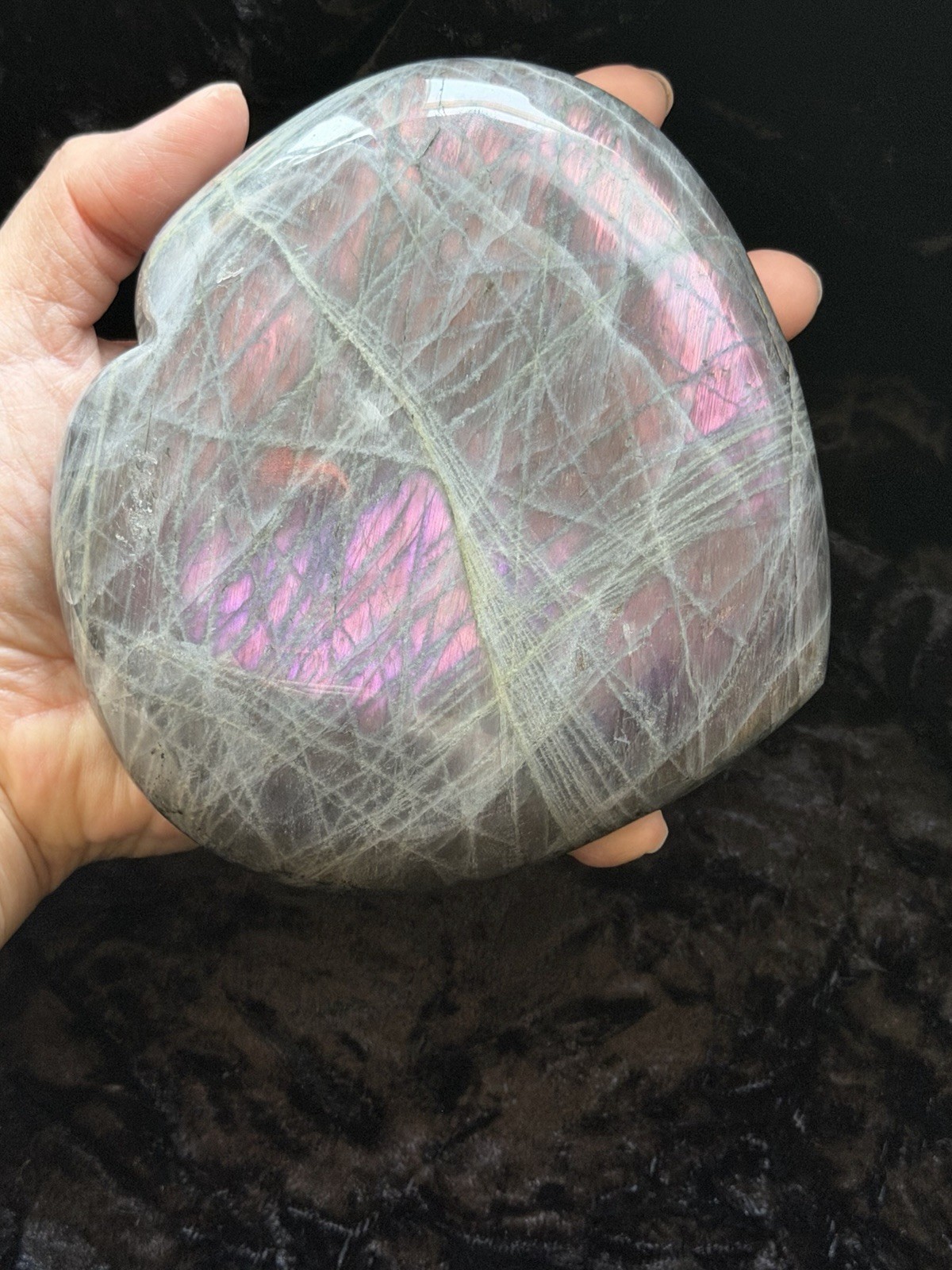 5.15” Large Purple Pink Orange Flash Labradorite Crystal Heart 1100 Grams
