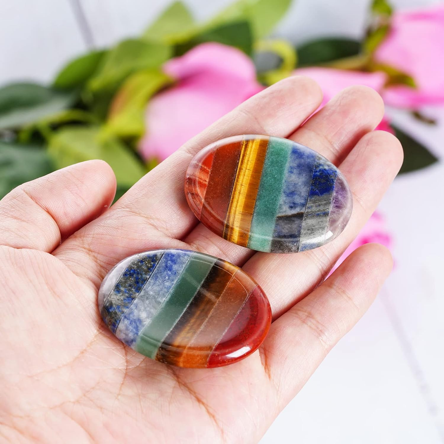 2 Packs Natural Thumb Worry Stone Set 7 Chakra Crystals Healing Stones for An…