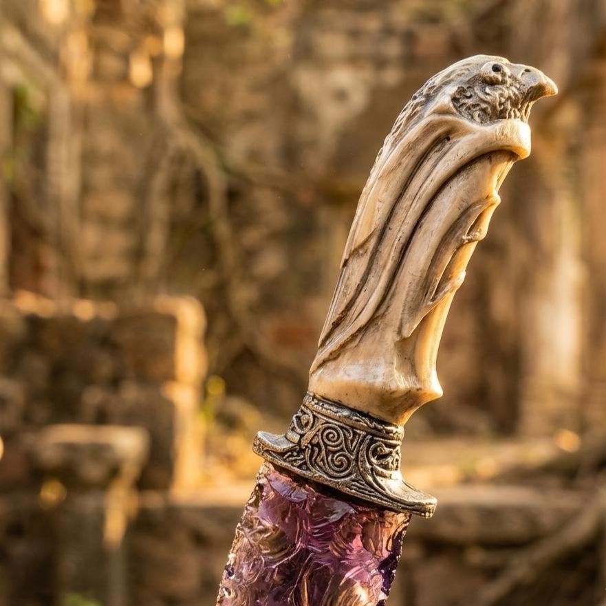 10″ Amethyst Glass Crystal Knife Handcrafted Ritual Athame Ornate Eagle Handle