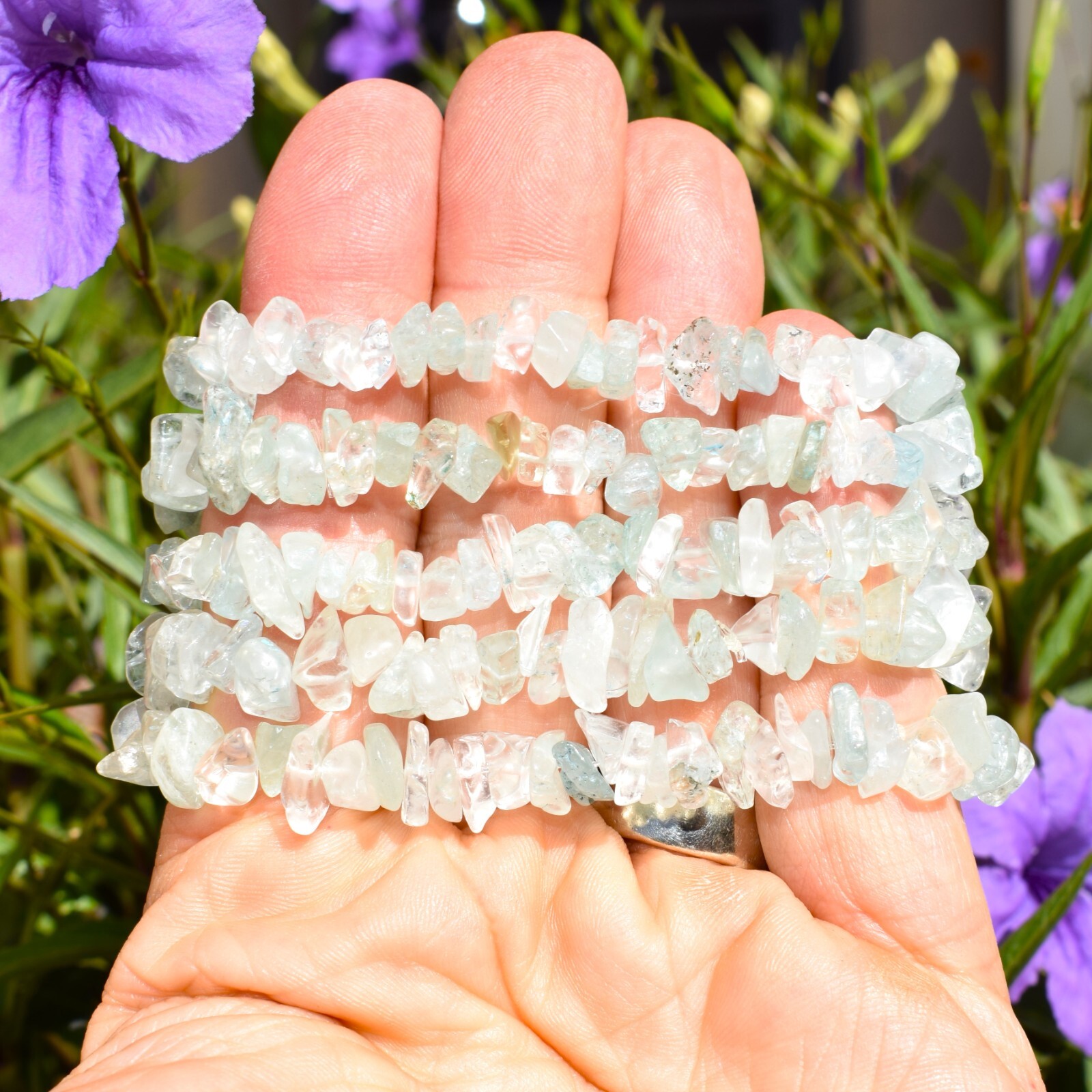 Premium AAA Grade CHARGED Natural Aquamarine Crystal Chip Stretchy Bracelet!