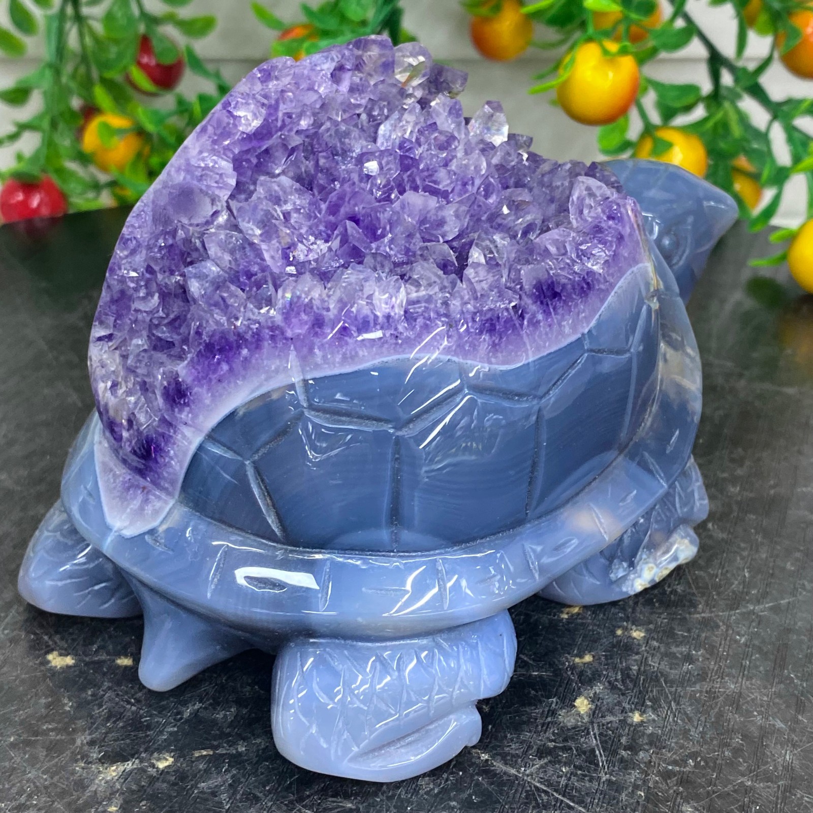 2.51LB Natural amethyst agate turtle Crystal turtle carving healing Home decora