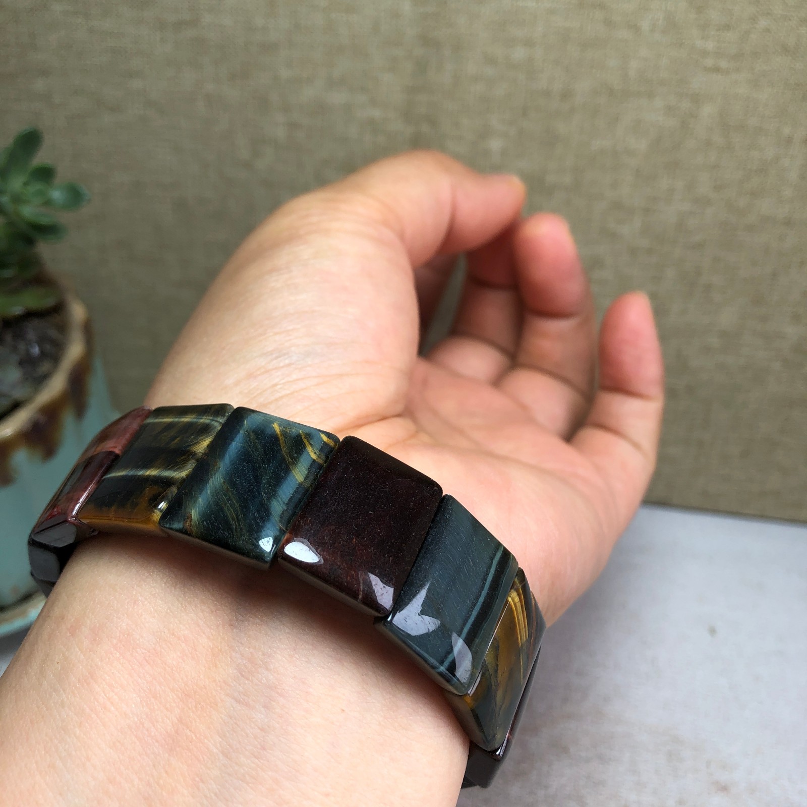 Natural Tiger’s Eye Stone Bracelet Brown Gemstone Stretch Bracelet Handmade 6157