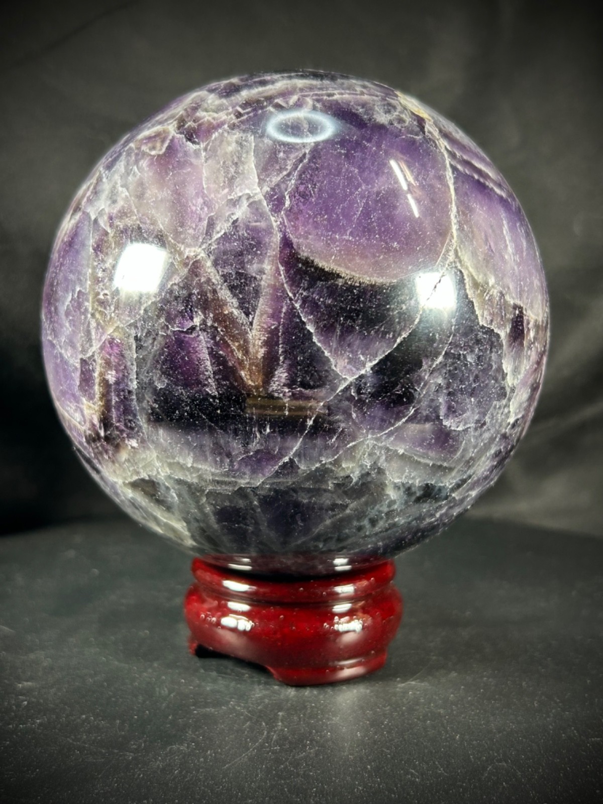 4.56″ Chevron (Dream) Amethyst Sphere With Wood Stand 5lb 3.1oz (2.355 kg)