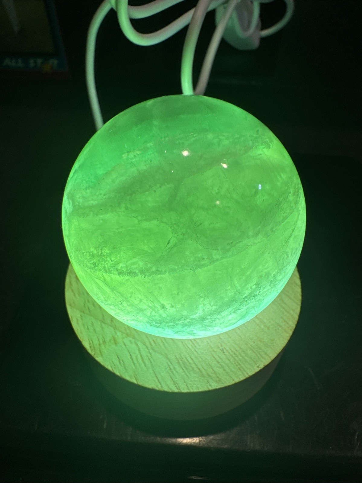 Green Flourite Crystal Sphere On Lighted Stand 200 Grams 49 mm