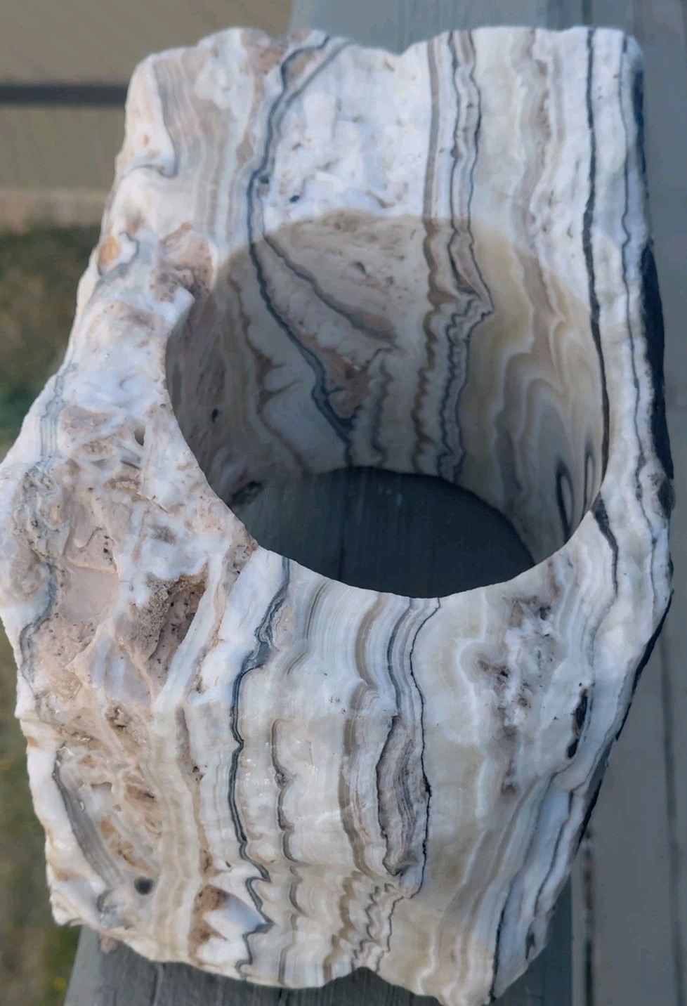 13.25Lb Zebra Calcite W CORED 4″ “Window” Display UV+ Bands Wrap Unique Décor