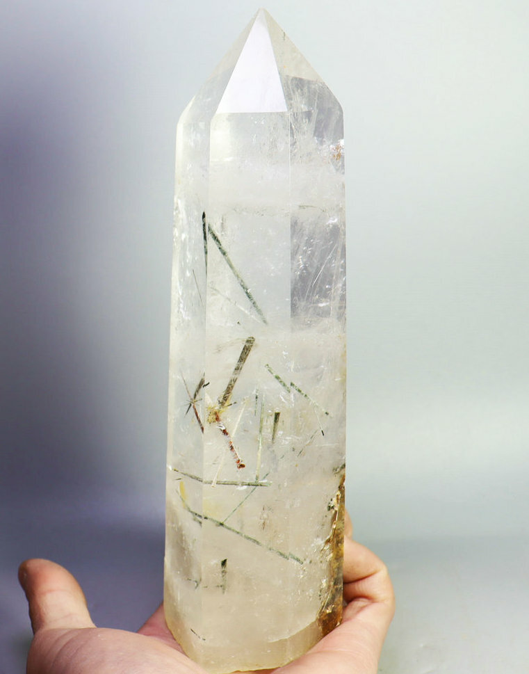2.0lb Natural Clear Green Tourmaline Quartz Crystal Tower Wand Point Healing