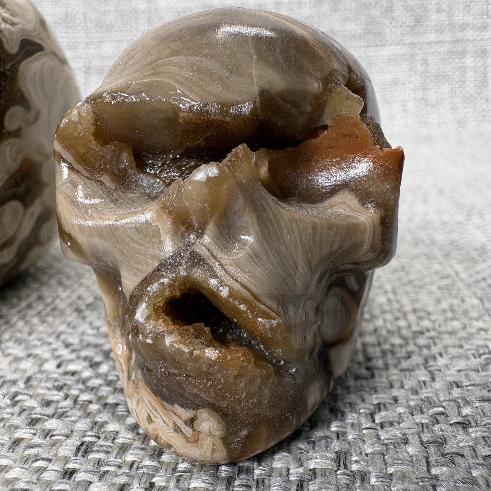 Amber Agate Crystal Skull Set 3pc Druzy Hand Carved Polished Stone Brown