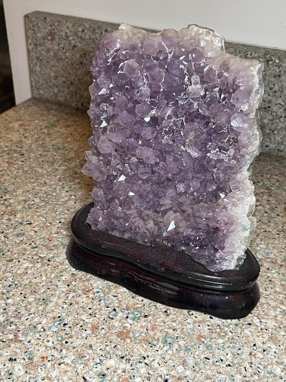 Natural Amethyst Crystal Cluster Geode Specimen on Wooden Display Stand 7”