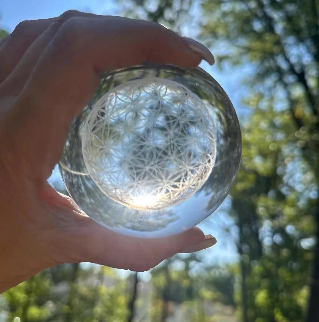 3.15″ Quantum Flower of Life Clear Crystal Sphere Orb Ball, Colored Wooden LED