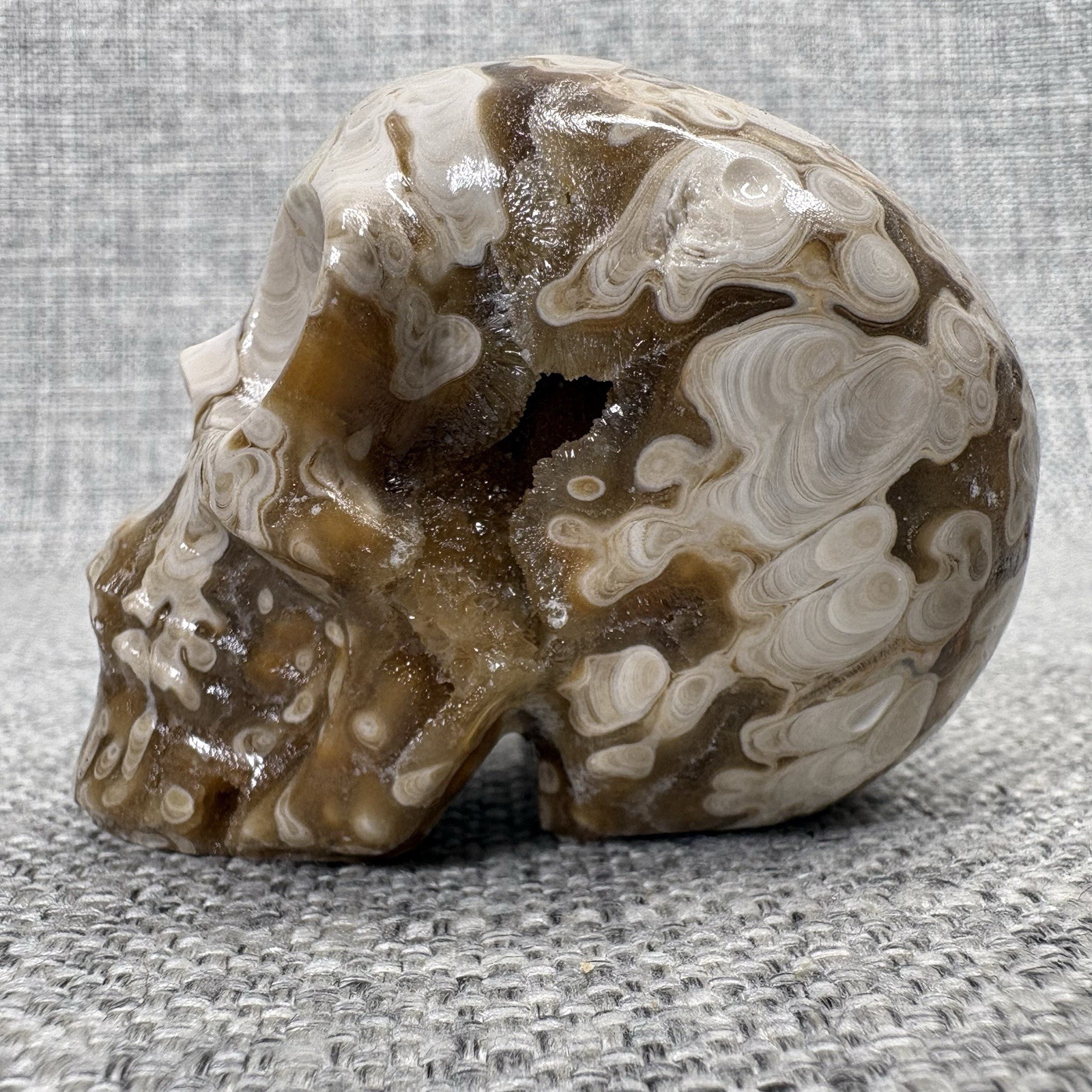 Amber Agate Crystal Skull Set 3pc Druzy Hand Carved Polished Stone Brown