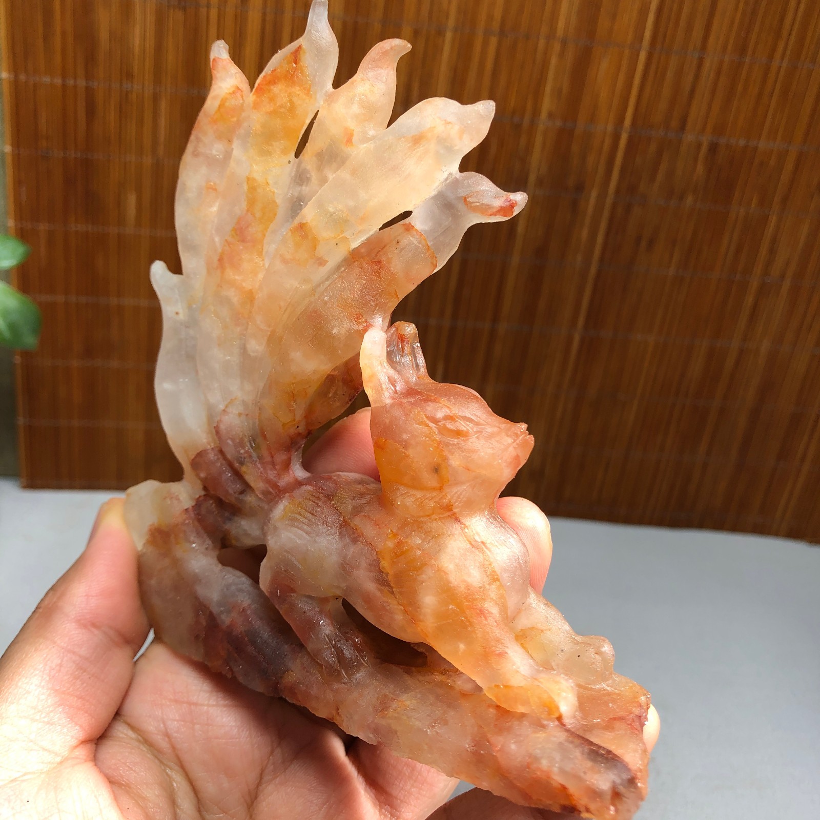 Natural Red gum flower Crystal carved Nine Tailed Fox rough specimens 189g A1801