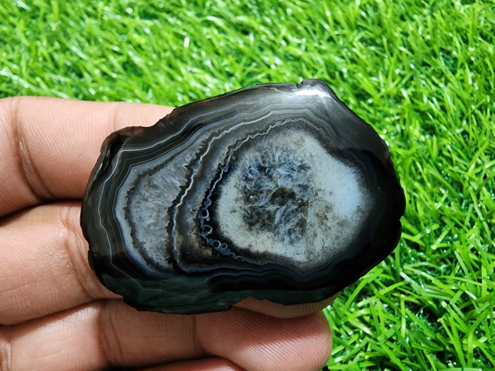 74ct Black Banded Slice Agate Druzy, Polished Geode Slab Crystal Loose Gemstone