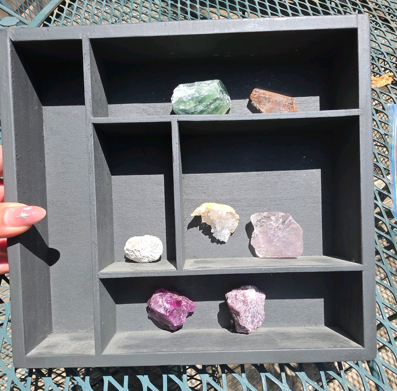Shelf And Crystal Lot. 7 Various Crystals 8 1/8 By 8 3/4. Black/Dk Grey