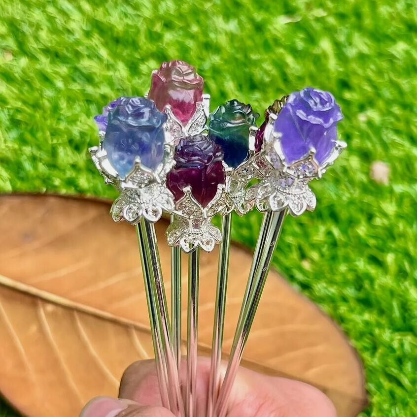 5pc Natural Fluorite Carved Flower Rose Hairpin Quartz Crystal Reiki Healing